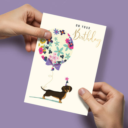 Birthday Card for Women - Cute Dachshund Dog & Balloon Design - Gold Foil Finish - Premium Greeting Card with Envelope