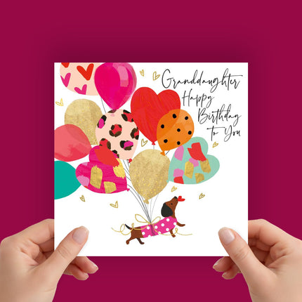 Birthday Card for Granddaughter, Dachshund Dog & Balloons