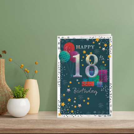 18th Birthday Card for Him, Age 18 Modern Balloons & Stars Design