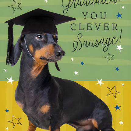 Graduation Congratulations Card - Graduation Card with Dachshund Dog and Stars Design with a 'You Clever Sausage' Message