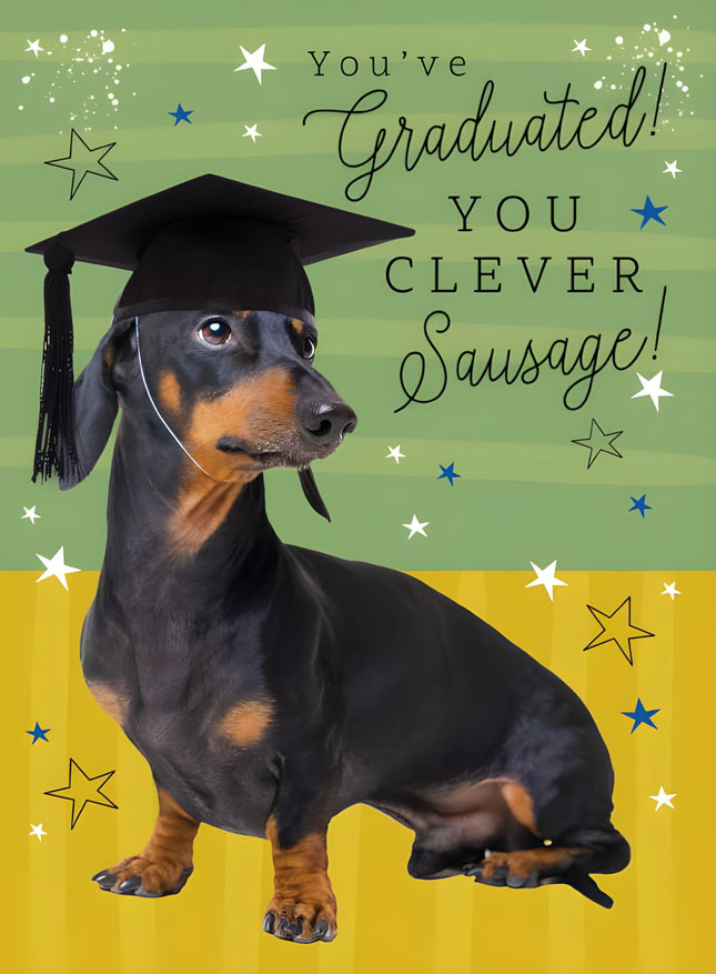 Graduation Congratulations Card - Graduation Card with Dachshund Dog and Stars Design with a 'You Clever Sausage' Message