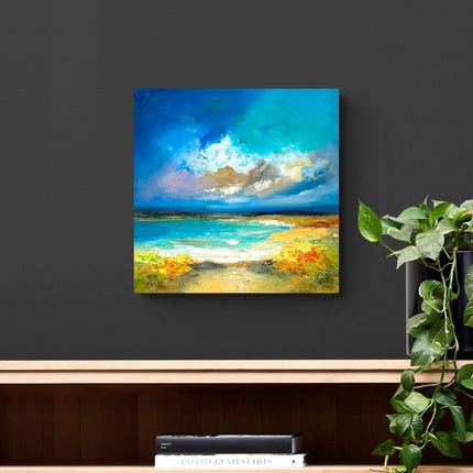 Artistic Abstract Ocean Skies Canvas Wall Art - 'Cornish Coastline' by Anna Schofield - Dramatic Nature Themed Artwork - Ready to Hang Home Décor - 30cm x 30cm