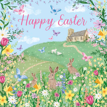 Easter Greeting Cards Pack of 6 - Happy Easter Cards with Spring Countryside, Church, Rabbits and Lamb Design - General Multipack for Family, Friends and Children - 127 x 127mm