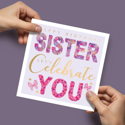 Birthday Card for Sister - Pretty Butterflies & Love Hearts Design - Embossed Gold & Pink Foil Finish - Premium Greeting Card with Envelope