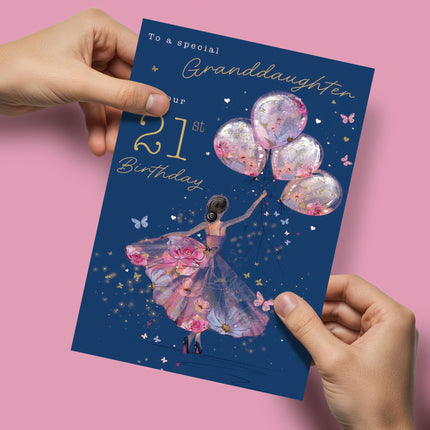 21st Birthday Card for Granddaughter - Age 21 Pretty Girl & Floral Balloons Design - Premium Greeting Card with Envelope