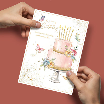 Birthday Card for Women - Pretty Cake, Flowers & Butterflies Design - Embossed Gold Foil Finish - Premium Birthday Greeting Card with Envelope
