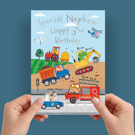 3rd Birthday Card for Nephew - Cute Animal & Vehicle Design with Trucks, Diggers & Emergency Vehicles - Age 3 Birthday Greeting Card for Boys