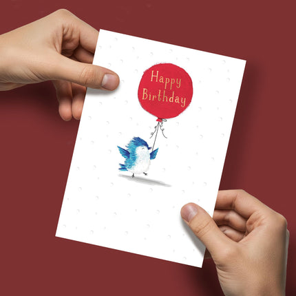 Birthday Card for Men or Women - Cute Bird & Balloon Design - 3D Embellishment, Embossed Gold Foil Finish - Premium Greeting Card with Envelope