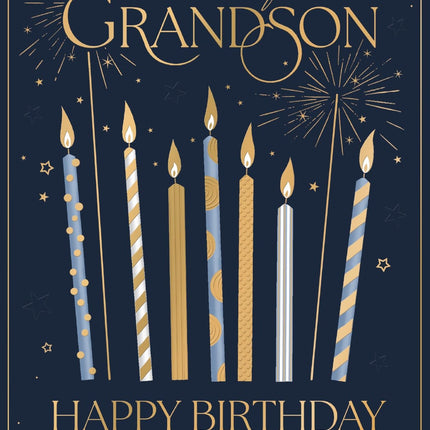 Birthday Card for Grandson - Charming Candles & Stars Design - Embossed Gold Foil Finish - Premium Greeting Card with Envelope