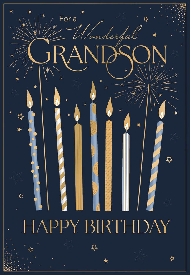 Birthday Card for Grandson - Charming Candles & Stars Design - Embossed Gold Foil Finish - Premium Greeting Card with Envelope