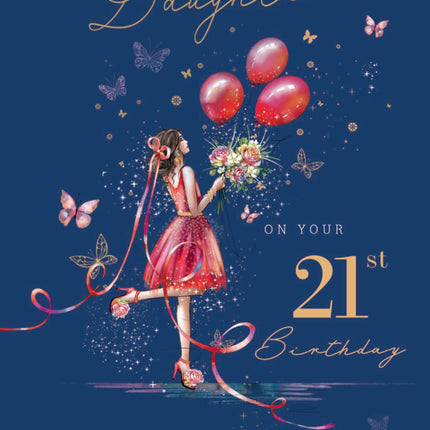 21st Birthday Card for Daughter - Age 21 Elegant Girl & Floral Butterfly Design - Premium Greeting Card with Envelope