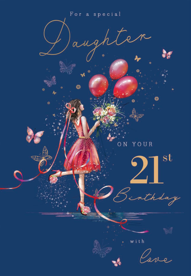 21st Birthday Card for Daughter - Age 21 Elegant Girl & Floral Butterfly Design - Premium Greeting Card with Envelope