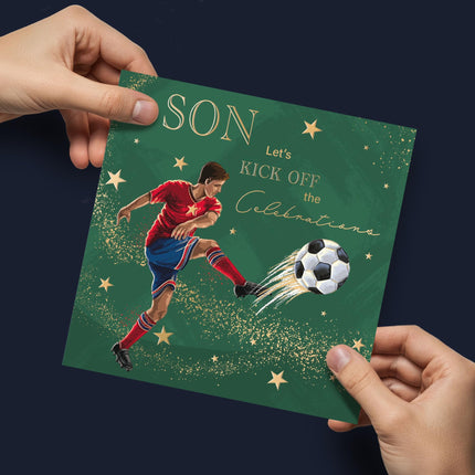 Birthday Card for Son - Sporty Football Design - Embossed Gold Foil Finish - Premium Sports Greeting Card with Envelope