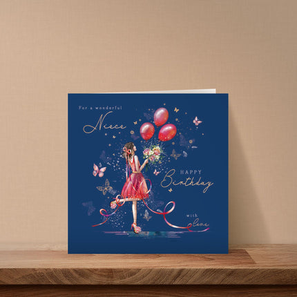 Birthday Card for Niece - Elegant Girl & Floral Butterfly Design - Premium Greeting Card with Envelope