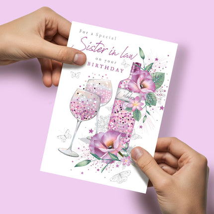 Birthday Card for Sister-In-Law - Pretty Floral Wine Design - Premium Greeting Card with Envelope