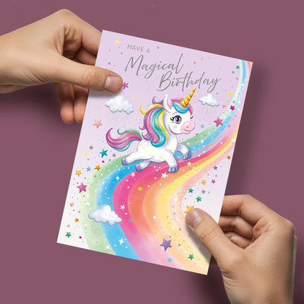 Birthday Card for Girls - Magical Unicorn & Rainbow Design - Embossed Silver Foil Finish - Premium Greeting Card with Envelope