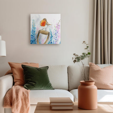 Robin Canvas Wall Art - 'Rosie Robin' by Sarah Reilly - Wildlife Themed Artwork - Ready to Hang Garden Bird Home Décor - 30cm x 30cm