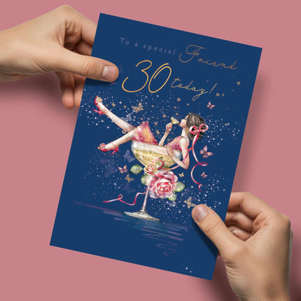 30th Birthday Card for Special Friend - Age 30 Pretty Floral Cocktail Design - Premium Greeting Card for Her with Envelope