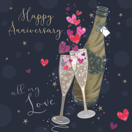 Anniversary Card for Men or Women - Modern Champagne & Hearts Design - Artistic Anniversary Greeting Card for One I Love, Partner, Boyfriend, Wife, Husband, Girlfriend or Boyfriend