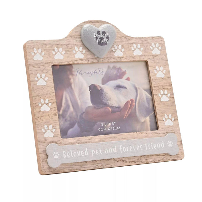 Widdop & Co. Pet Memorial Photo Frame 17 x 14 cm - Wooden Paw Print Design with ‘Beloved Pet and Forever Friend’ Sentiment - Free-Standing Pet Loss Frame - Celebrations Range