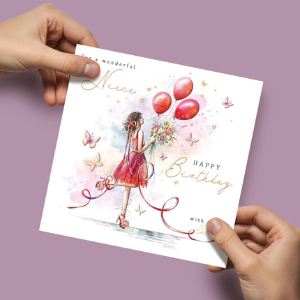 Birthday Card for Niece - Pretty Floral Butterflies & Balloons Design - Embossed Gold Foil Finish - Premium Greeting Card with Envelope