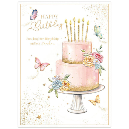 Birthday Card for Women - Pretty Cake, Flowers & Butterflies Design - Embossed Gold Foil Finish - Premium Birthday Greeting Card with Envelope