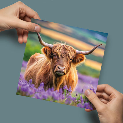 Blank Card for Women - Cute Highland Cow & Flowers - Premium Greeting Card with Envelope - Suitable For Birthdays & Other Occasions