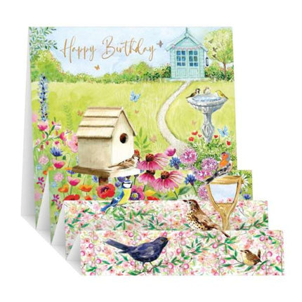 Pop Up Birthday Card for Her - Colourful Floral Garden and Birds Design - 3D Fold-Out Design - Happy Birthday Card for Mum, Sister, Friend or Female Family Member - Embossed Foil Finish