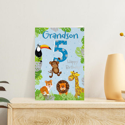 5th Birthday Card for Grandson, Jungle Animals Design