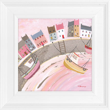Nautical Harbour Framed Print Wall Art - 'Pink Sky in the Morning' by Kerry Shearer - Modern Coastal Picture - Ready to Hang Home Décor - 33cm x 33cm