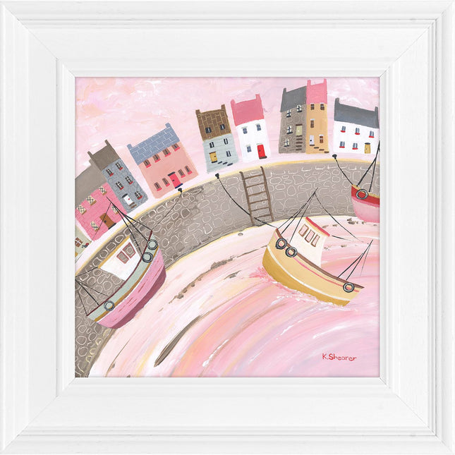 Nautical Harbour Framed Print Wall Art - 'Pink Sky in the Morning' by Kerry Shearer - Modern Coastal Picture - Ready to Hang Home Décor - 33cm x 33cm