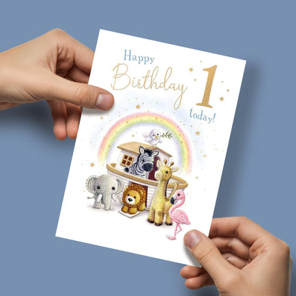 1st Birthday Card for Boys - Age 1 Cute Animals & Ark Design - Embossed Gold Foil Finish - Milestone Premium Greeting Card with Envelope