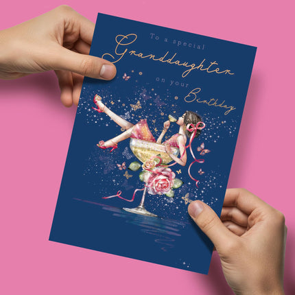 Birthday Card for Granddaughter - Pretty Floral Cocktail Design - Premium Greeting Card with Envelope