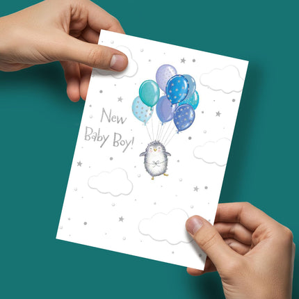 New Baby Boy Congratulations Card - Cute Penguin & Balloons - Embossed Foil Finish - Eco-Friendly & Made in the UK