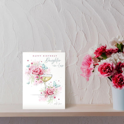 Birthday Card for Daughter in Law - Floral Drink & Butterflies Design with Embossed Foil Finish, Eco-Friendly & Made in the UK