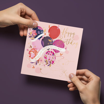 Birthday Card for Women - Floral Balloons Design - Embossed Gold Foil Finish - Premium Special Birthday Greeting Card with Envelope for Her
