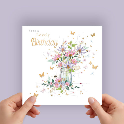 Birthday Card for Her, Floral Bouquet & Bees