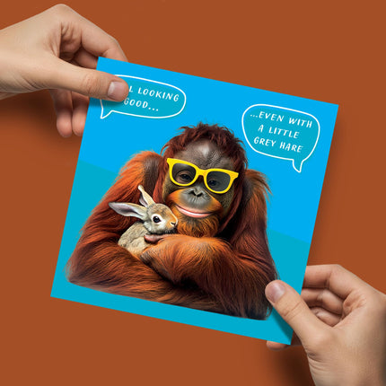 Funny Blank Card for Men - Orangutan & Hare - Witty Grey Hair Joke - Premium Greeting Card with Envelope - Suitable for Birthdays & Other Occasions