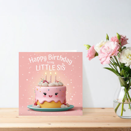 Birthday Card for Little Sister - Cute Cake Design - Premium Greeting Card with Envelope for Lil Sis - Eco-Friendly & Recyclable