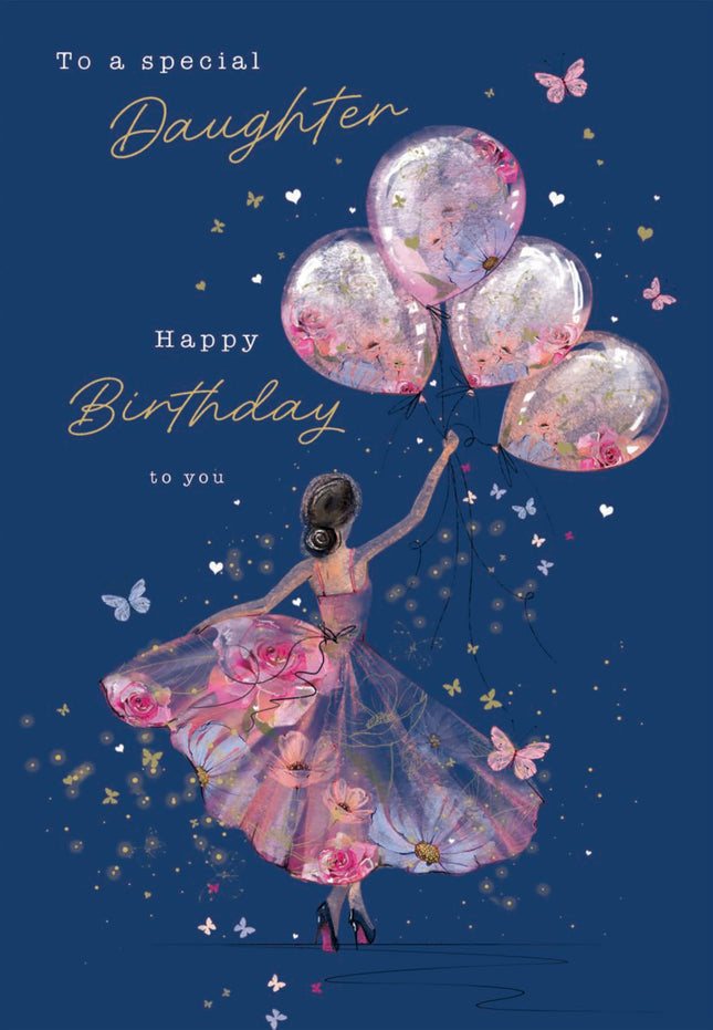 Birthday Card for Daughter - Elegant Girl & Floral Balloons Design - Premium Greeting Card with Envelope