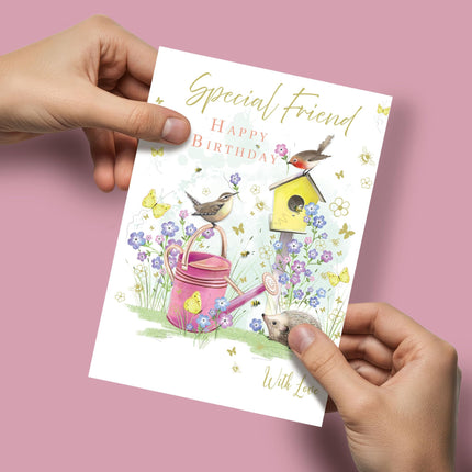 Birthday Card for Special Friend - Cute Animals & Floral Garden Design - Premium Greeting Card for Her with Envelope