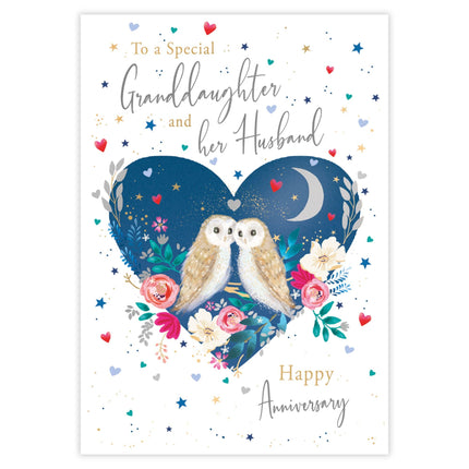 Happy Anniversary Card - For Granddaughter & Her Husband - Owls in a Floral Love Heart Design - 9 x 6 - Premium Quality Special Anniversary Greeting Card with Envelope