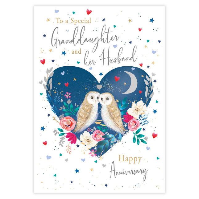 Happy Anniversary Card - For Granddaughter & Her Husband - Owls in a Floral Love Heart Design - 9 x 6 - Premium Quality Special Anniversary Greeting Card with Envelope