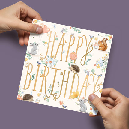 Birthday Card for Women - Adorable Woodland Animals & Party Design - Embossed Gold Foil Finish - Premium Greeting Card with Envelope