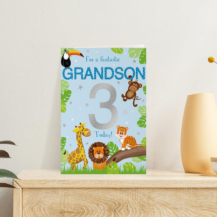 3rd Birthday Card for Fantastic Grandson, Jungle Animals Design