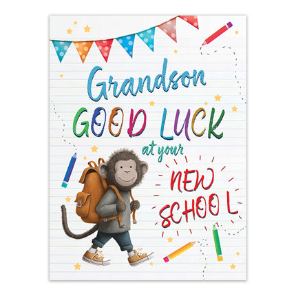 Good Luck at Your New School Card for Grandson - Cute Monkey Design - Premium Greeting Card with Envelope - Eco-Friendly & Recyclable