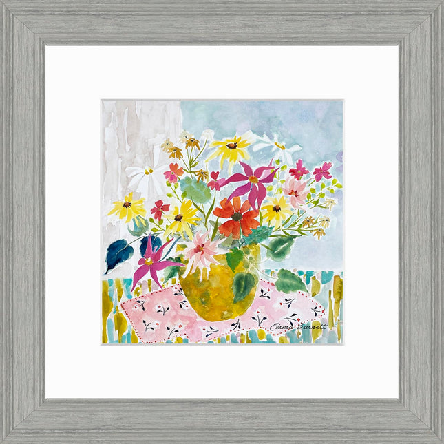 Flowers Framed Print Wall Art - Floral Themed Home Decor - Emma Burnett Artwork - Ready to Hang 'Little Pink Cloth' Painting - 29 x 29 cm
