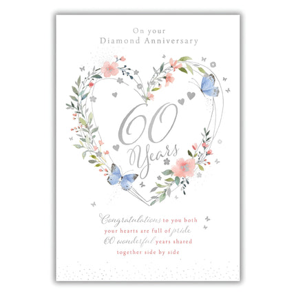 Diamond Anniversary Card - Elegant Floral Heart Wreath & Butterfly Design - 60th Wedding Anniversary Card for a Special Couple