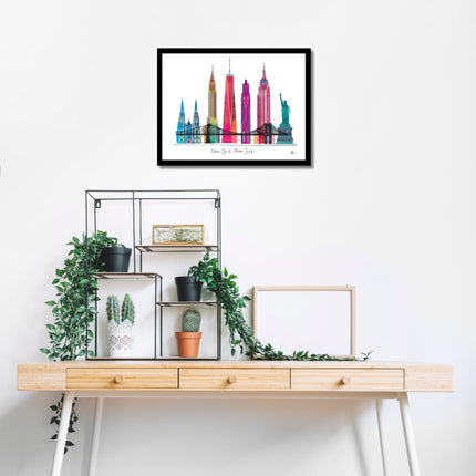 'New York' by Ilona Drew City Skyline Framed Wall Art - 42 x 32cm Ready to Hang Artwork Print for Home Decor - Pictures, Paintings & Prints for Living Room, Bedroom, Kitchen