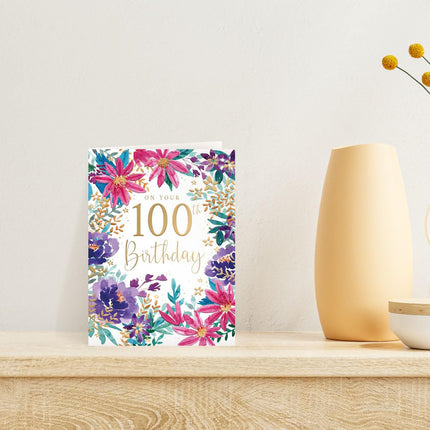 100th Birthday Card for Her - Vibrant Floral Design with Embossed Foil Finish, Eco-Friendly & Made in the UK
